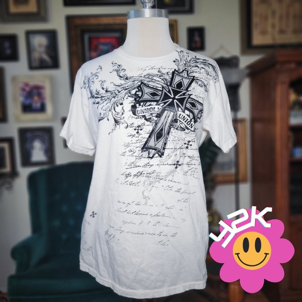 The Raw Uncut Cross T-Shirt Vintage Y2K Graphic White Gothic Tattoo Style L